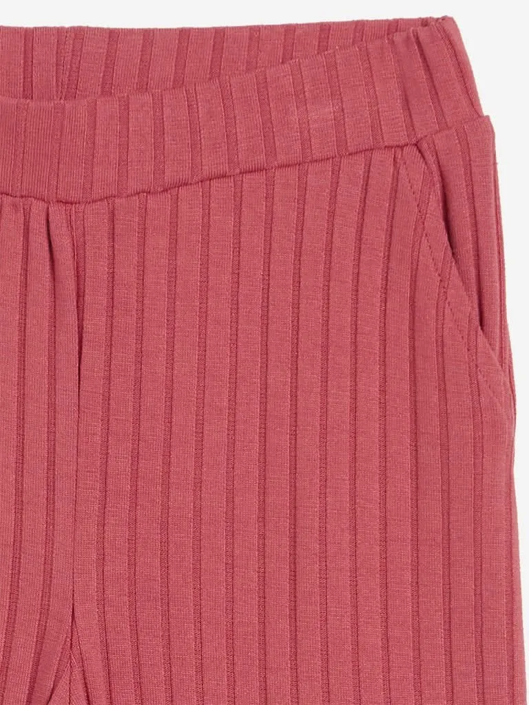 HOP Kids Persian-Rose Ribbed Wide-Leg Palazzos