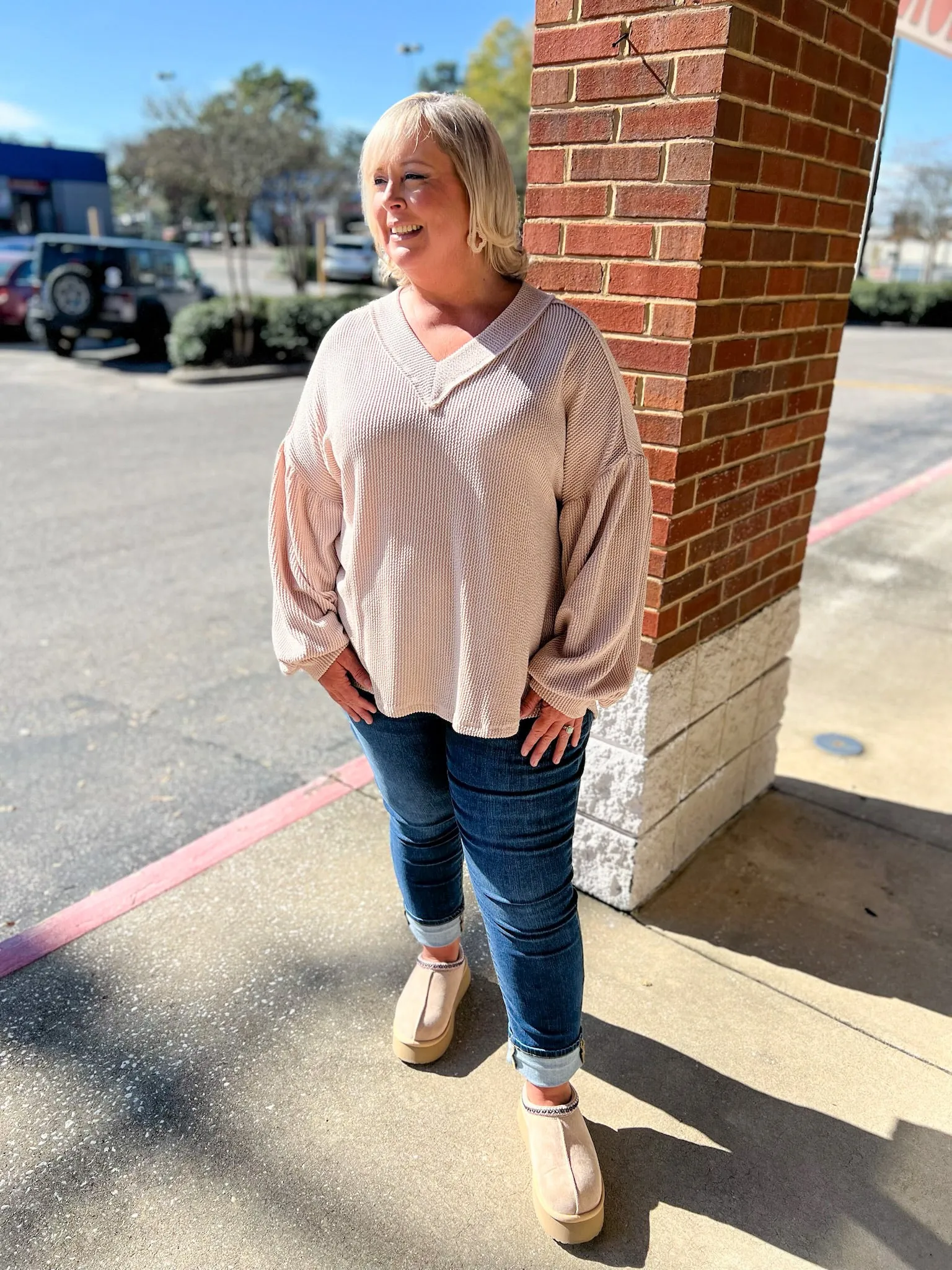 I Know Better Oatmeal Ribbed V-Neck Long Drop Shoulder Sleeves (C)