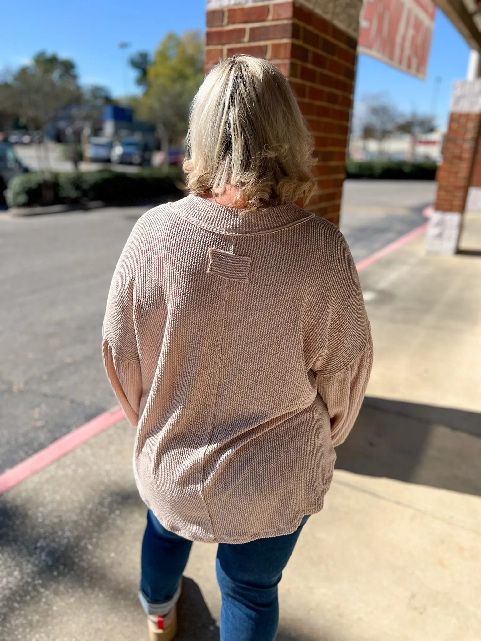 I Know Better Oatmeal Ribbed V-Neck Long Drop Shoulder Sleeves (C)