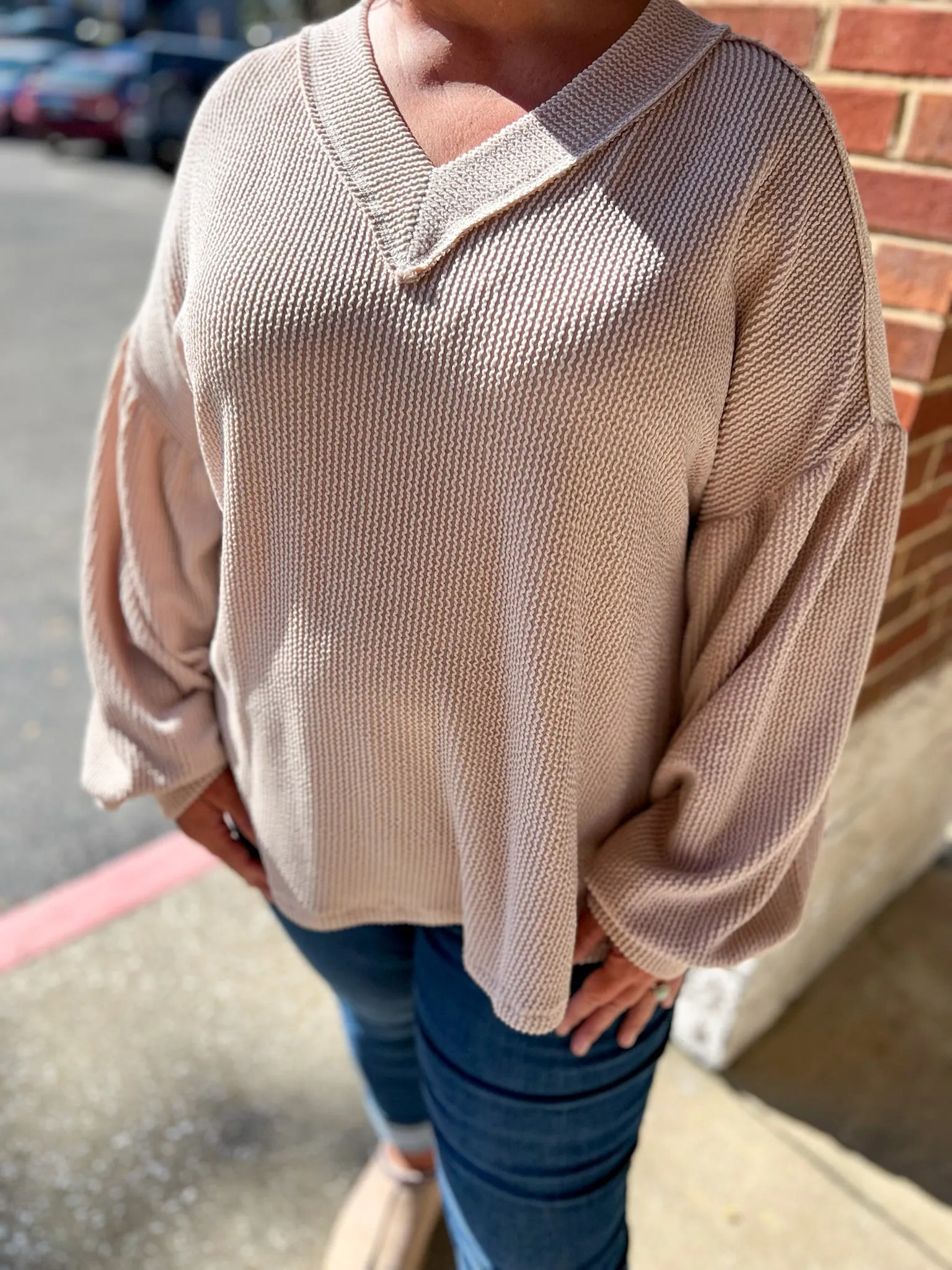 I Know Better Oatmeal Ribbed V-Neck Long Drop Shoulder Sleeves (C)