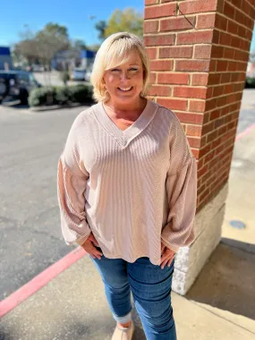 I Know Better Oatmeal Ribbed V-Neck Long Drop Shoulder Sleeves (C)