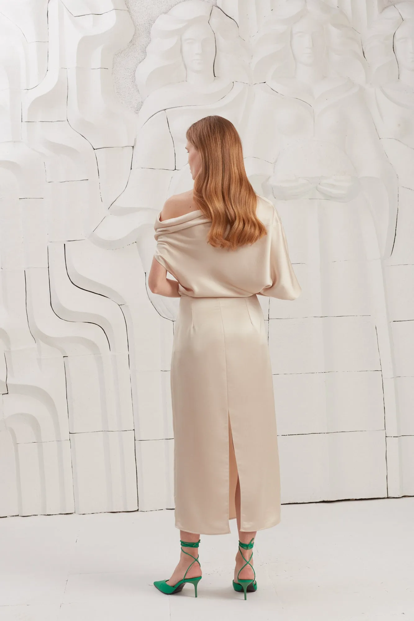 ILENE champagne satin asymmetric midi dress