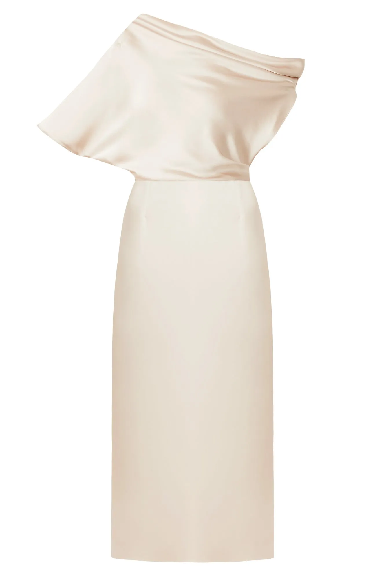 ILENE champagne satin asymmetric midi dress