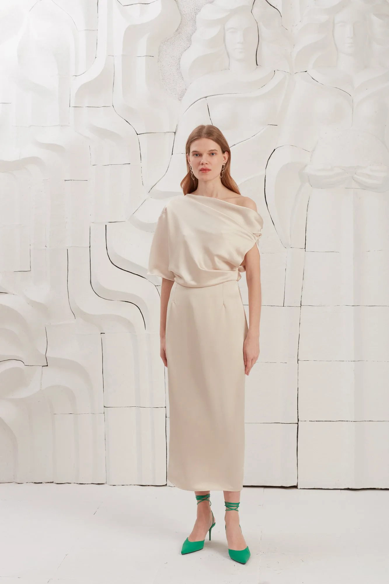 ILENE champagne satin asymmetric midi dress