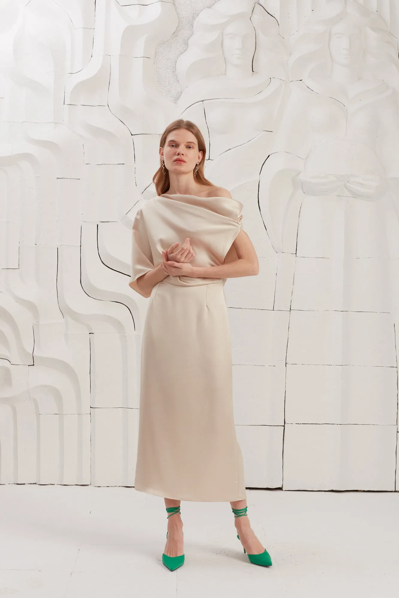 ILENE champagne satin asymmetric midi dress