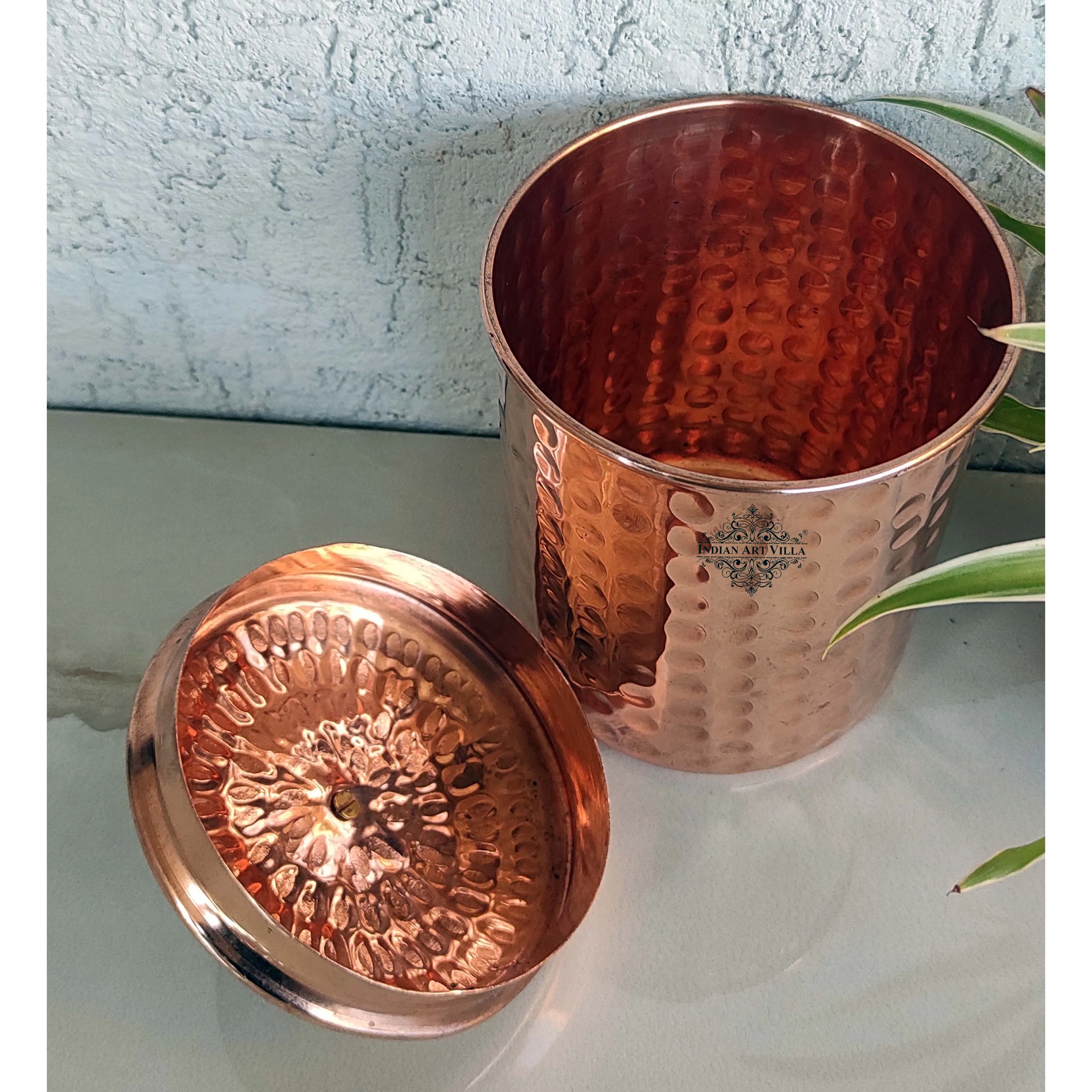 Indian Art Villa Handcrafted Pure Copper Hammered Design Box, Storage Box, 950ml