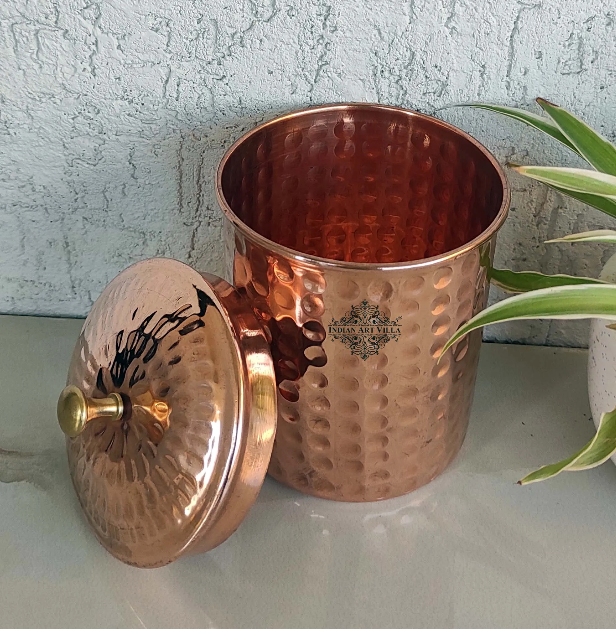 Indian Art Villa Handcrafted Pure Copper Hammered Design Box, Storage Box, 950ml