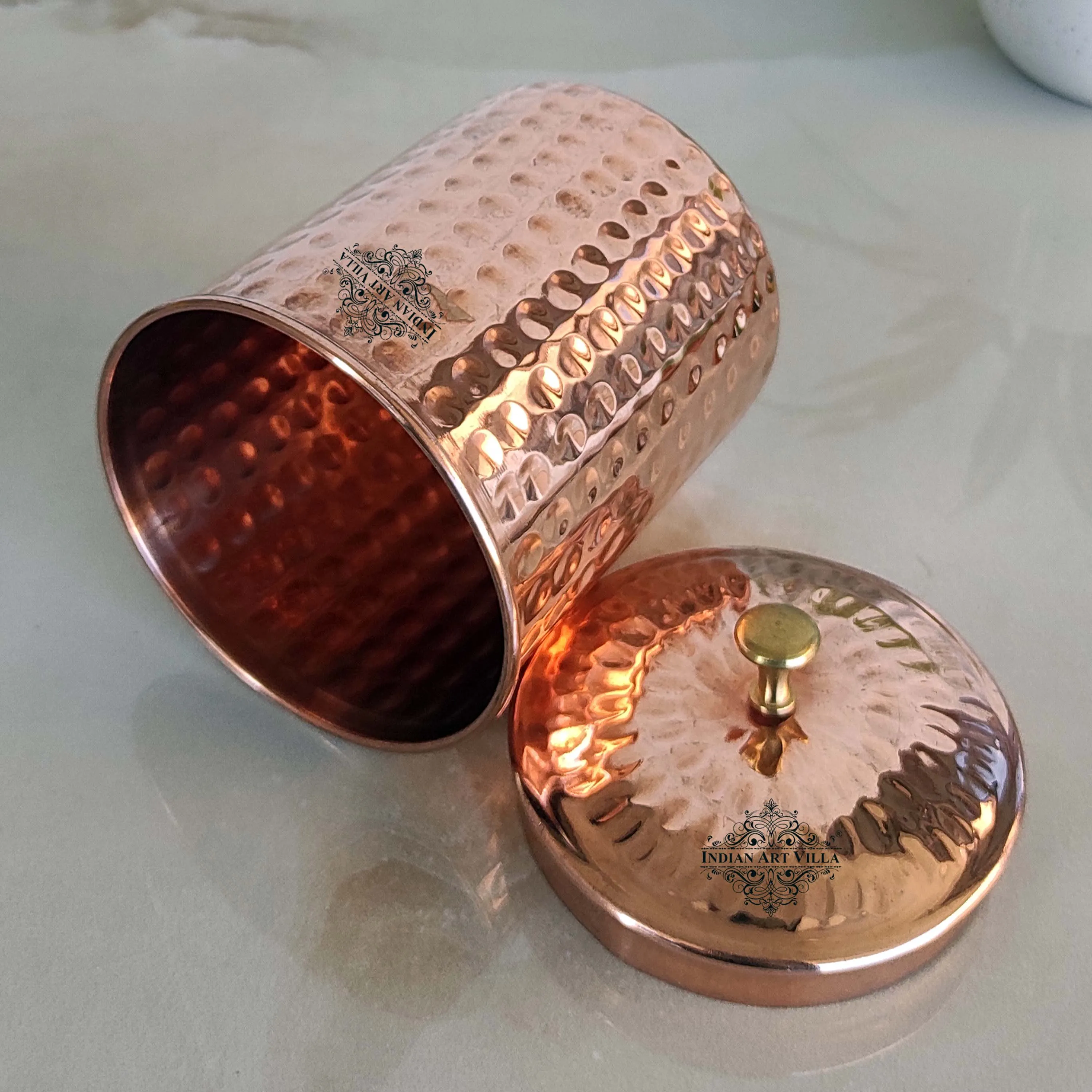 Indian Art Villa Handcrafted Pure Copper Hammered Design Box, Storage Box, 950ml