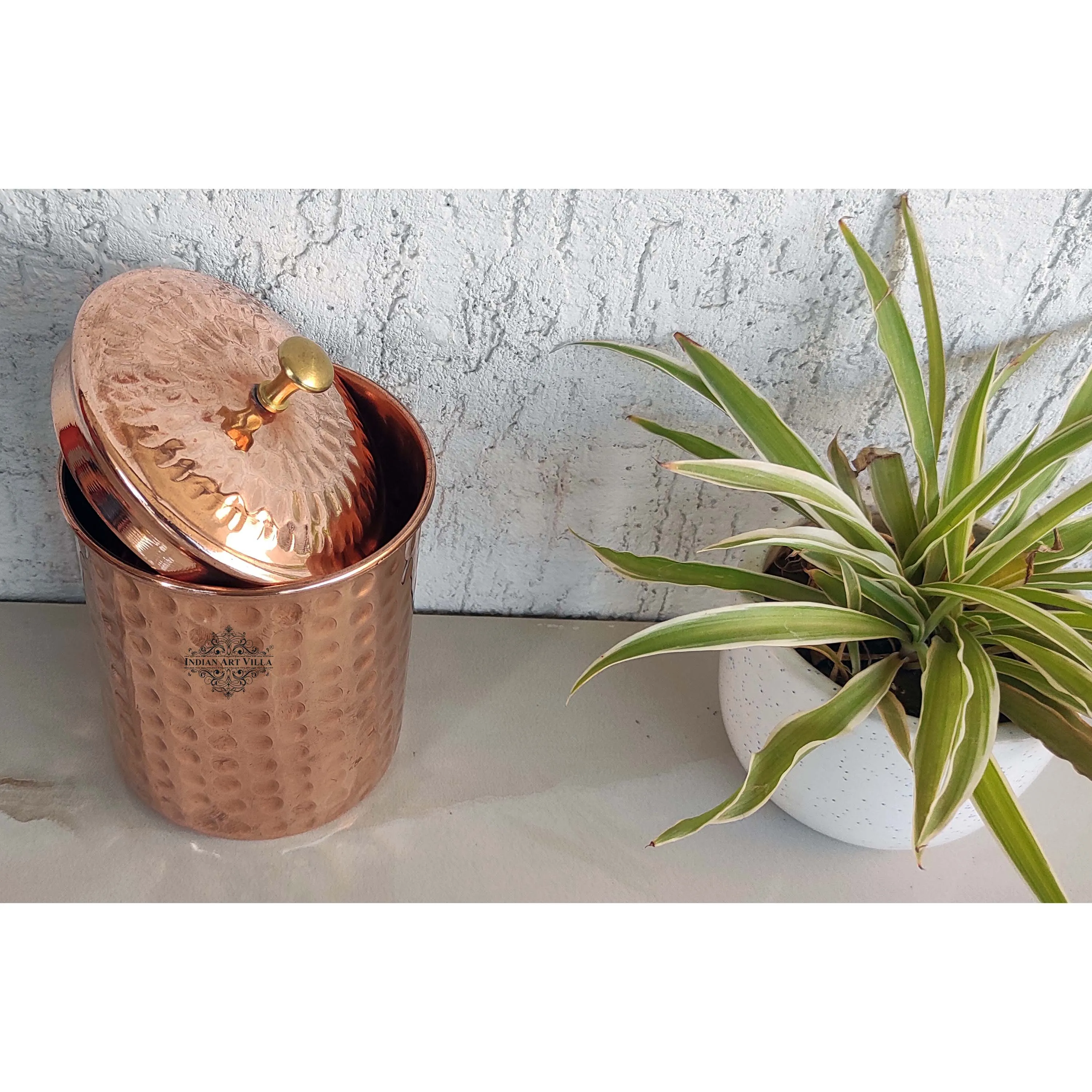 Indian Art Villa Handcrafted Pure Copper Hammered Design Box, Storage Box, 950ml