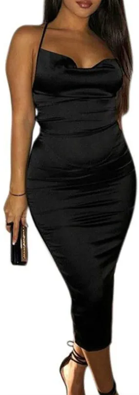 JUMISEE Women Neon Satin Sexy Bodycon Elegant Backless Long Midi Dress for Cocktail Party Clubwear