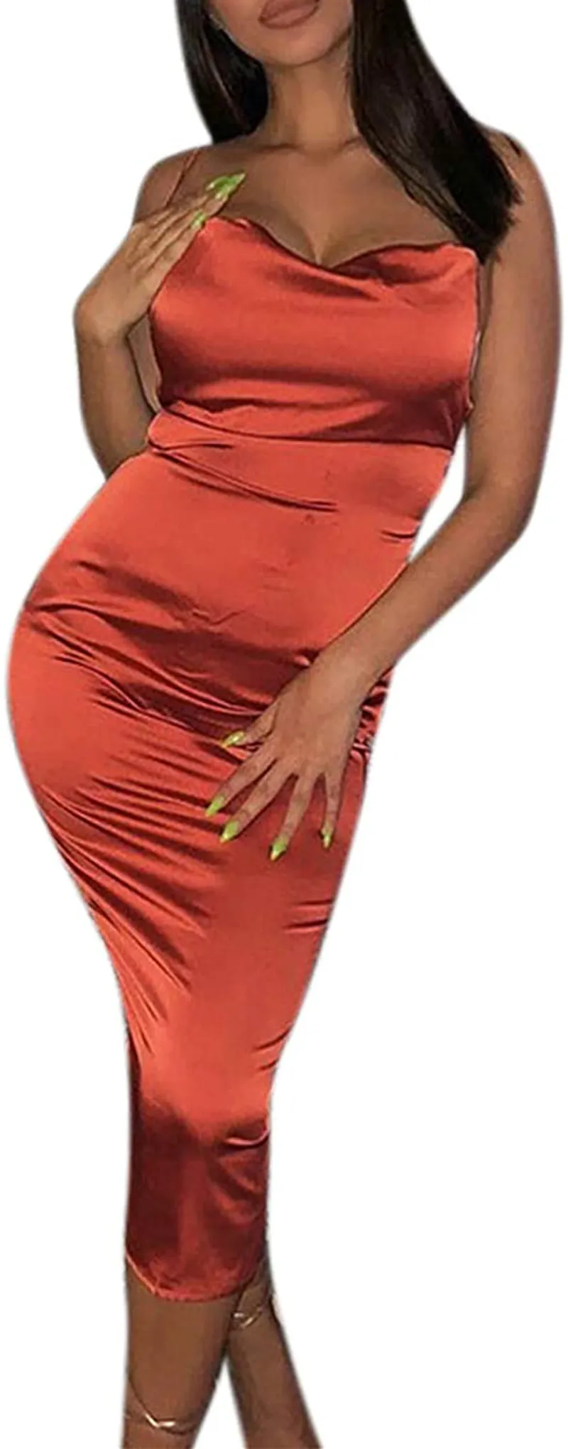 JUMISEE Women Neon Satin Sexy Bodycon Elegant Backless Long Midi Dress for Cocktail Party Clubwear