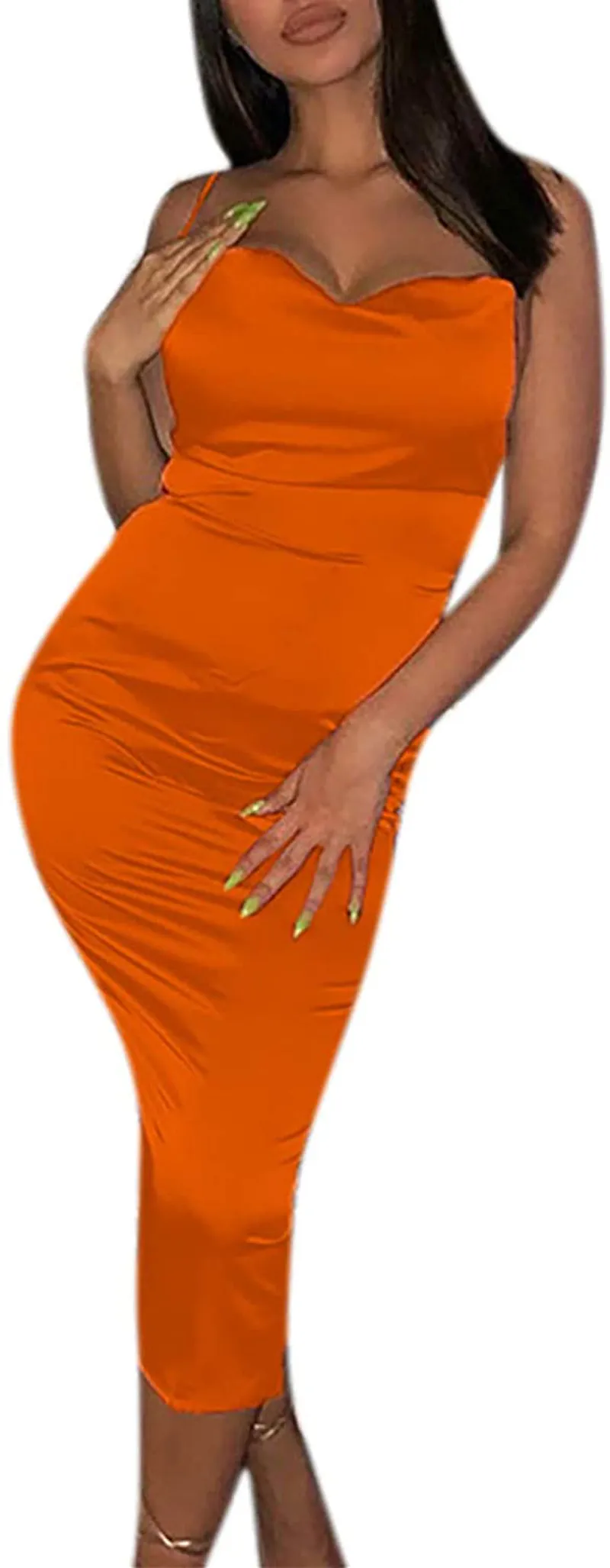 JUMISEE Women Neon Satin Sexy Bodycon Elegant Backless Long Midi Dress for Cocktail Party Clubwear