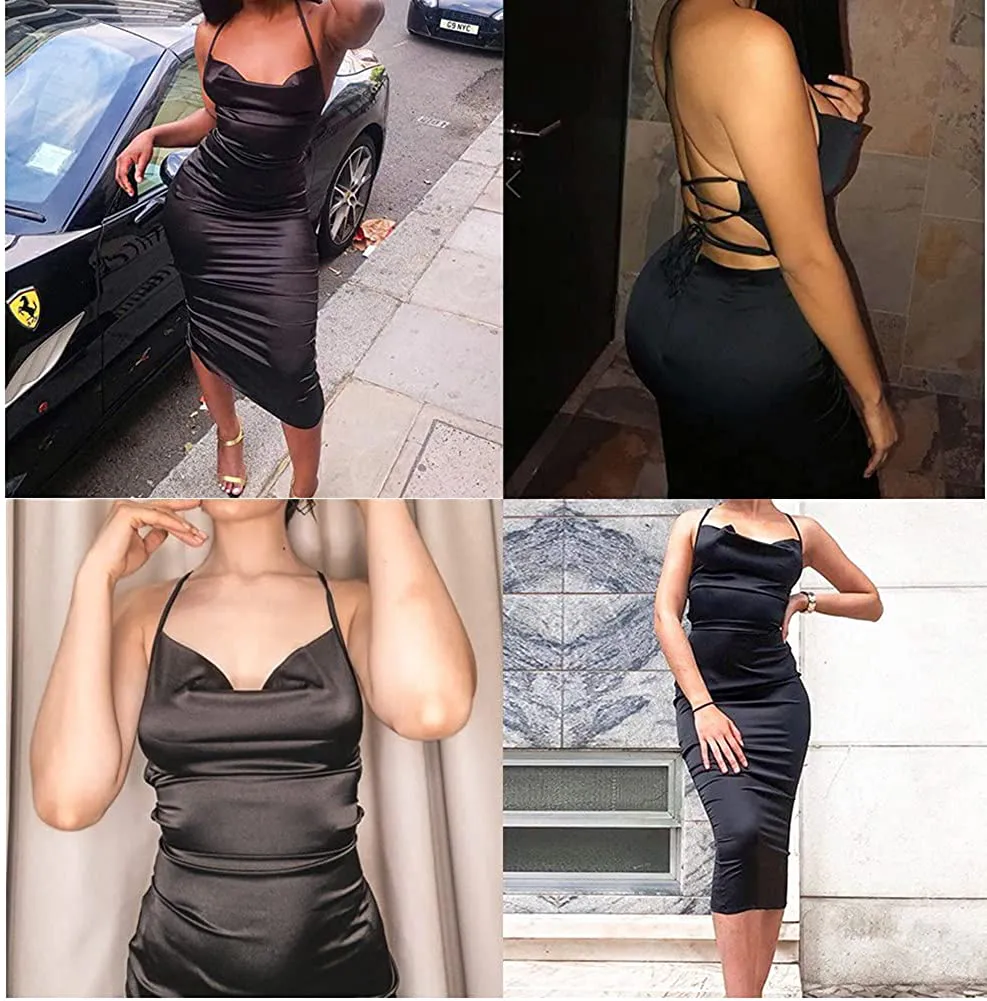 JUMISEE Women Neon Satin Sexy Bodycon Elegant Backless Long Midi Dress for Cocktail Party Clubwear