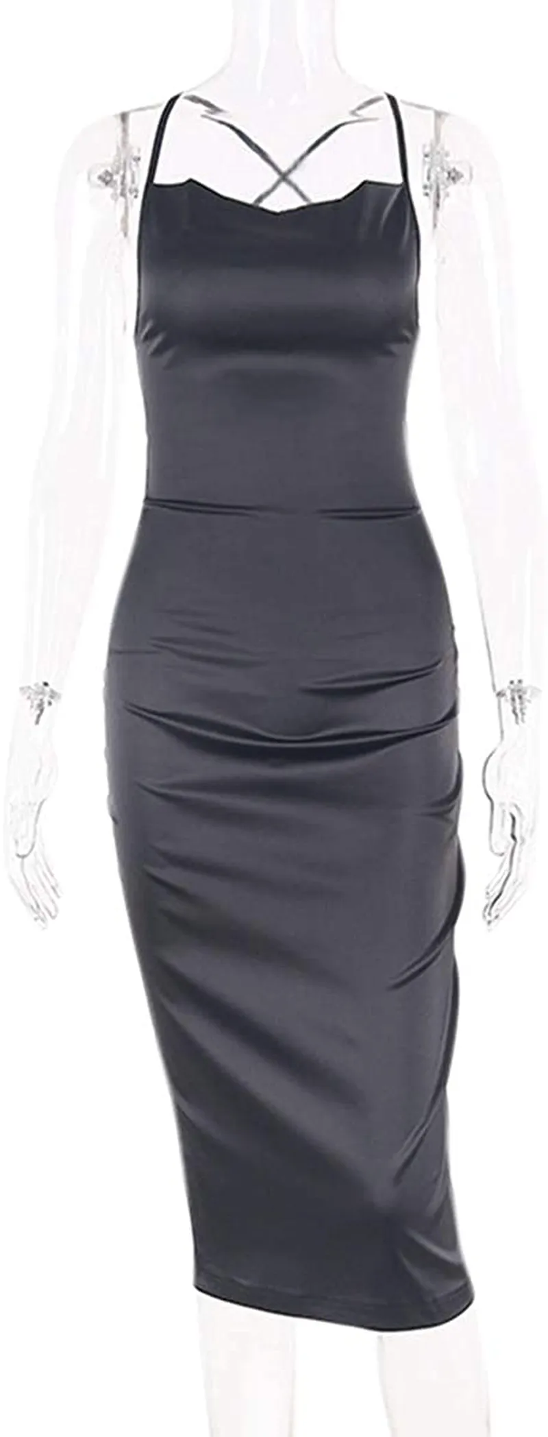 JUMISEE Women Neon Satin Sexy Bodycon Elegant Backless Long Midi Dress for Cocktail Party Clubwear