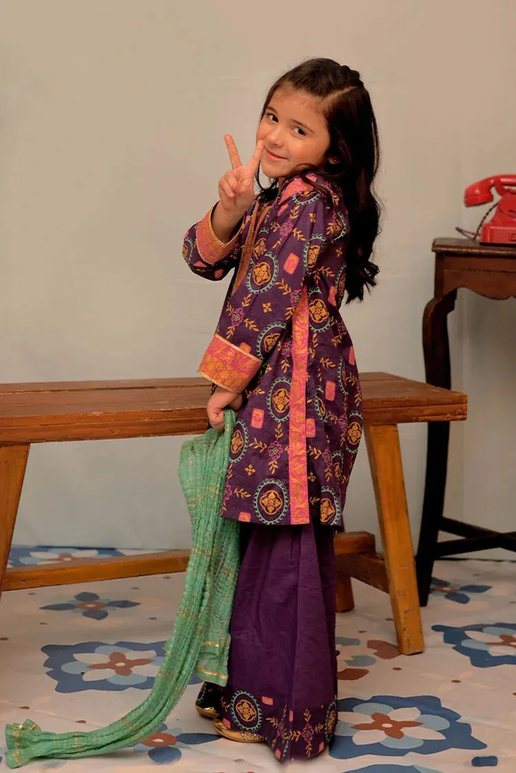 KBD-02939 | Purple & Multicolor | Casual Plus 3 Piece Suit | Cotton Gold Printed