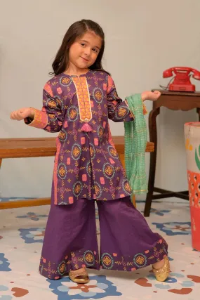 KBD-02939 | Purple & Multicolor | Casual Plus 3 Piece Suit | Cotton Gold Printed
