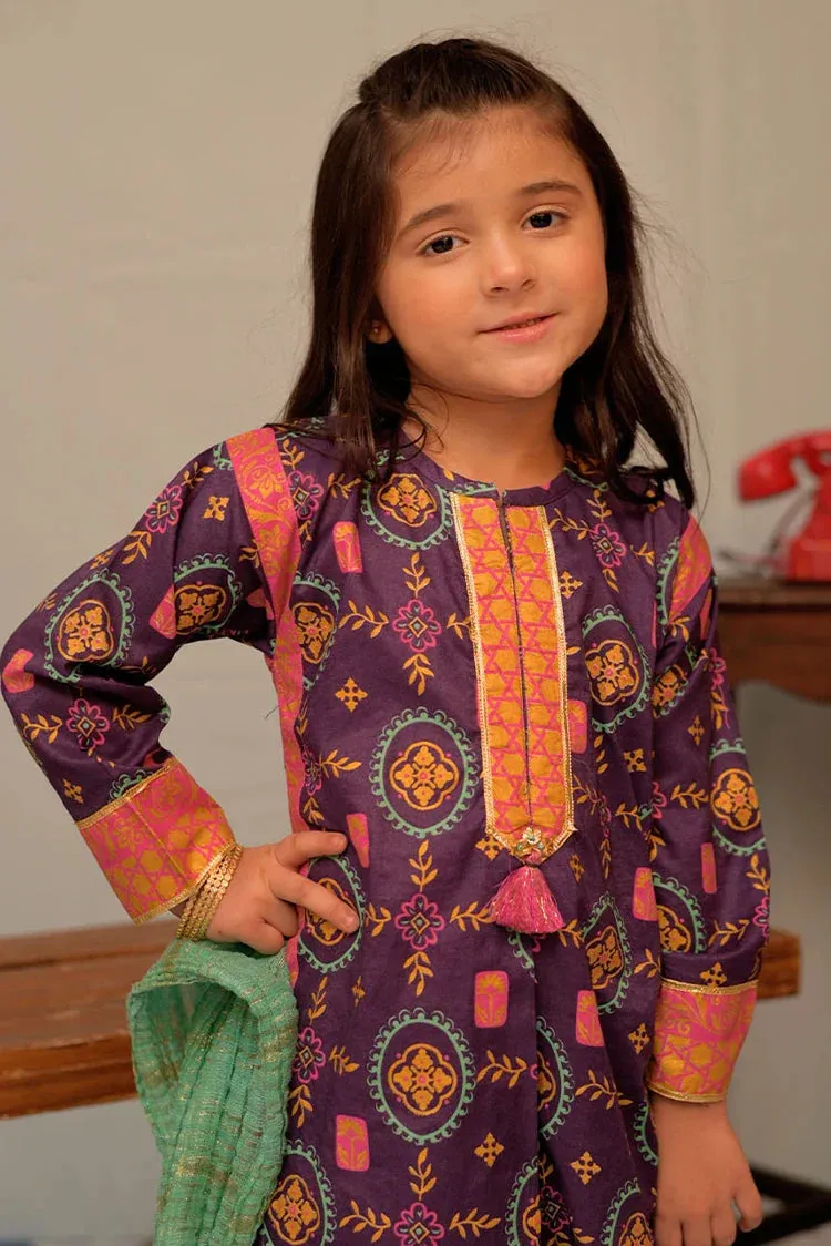 KBD-02939 | Purple & Multicolor | Casual Plus 3 Piece Suit | Cotton Gold Printed