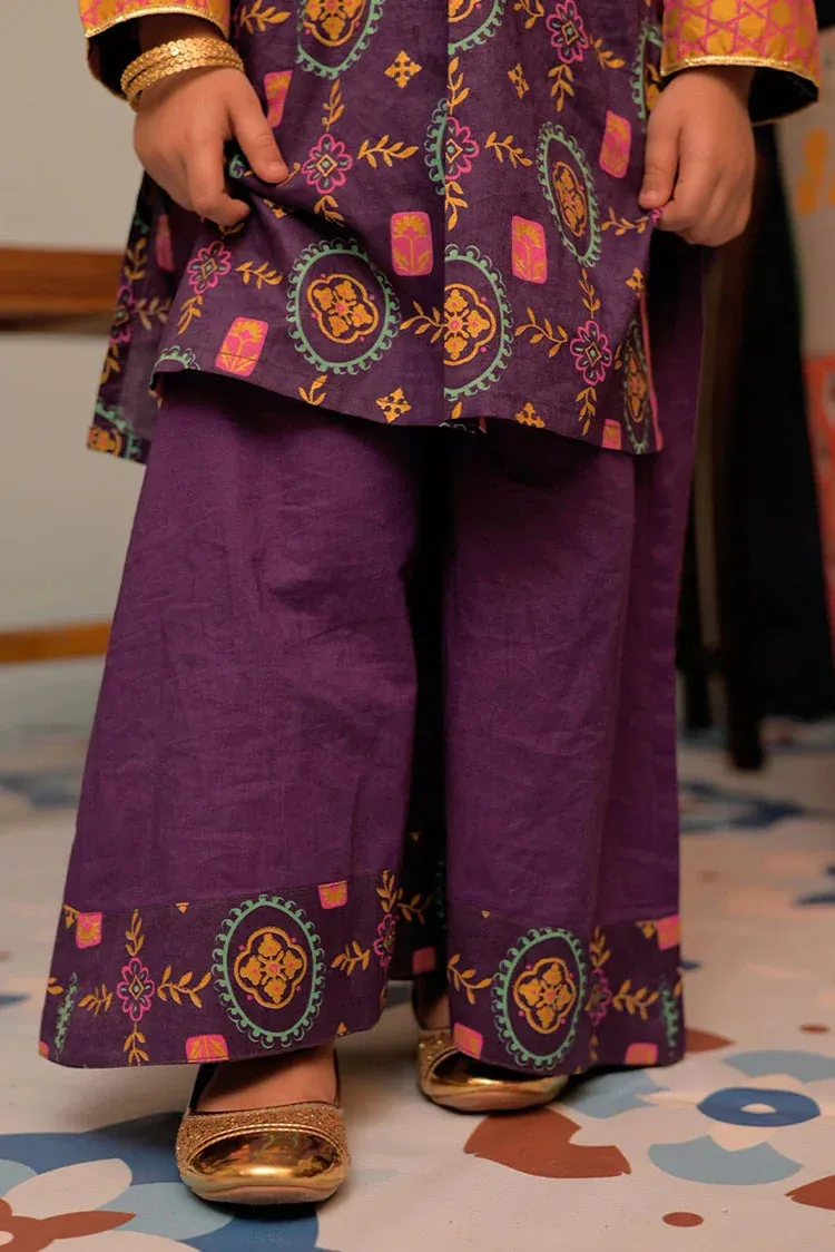 KBD-02939 | Purple & Multicolor | Casual Plus 3 Piece Suit | Cotton Gold Printed