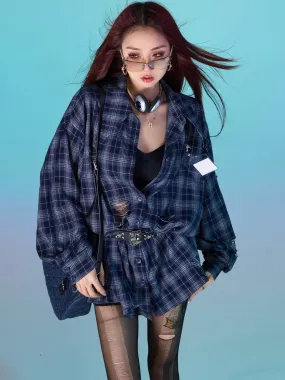 Keebly Blue Plaid Long Sleeve Distressed Boyfriend Button Up Shirt Top