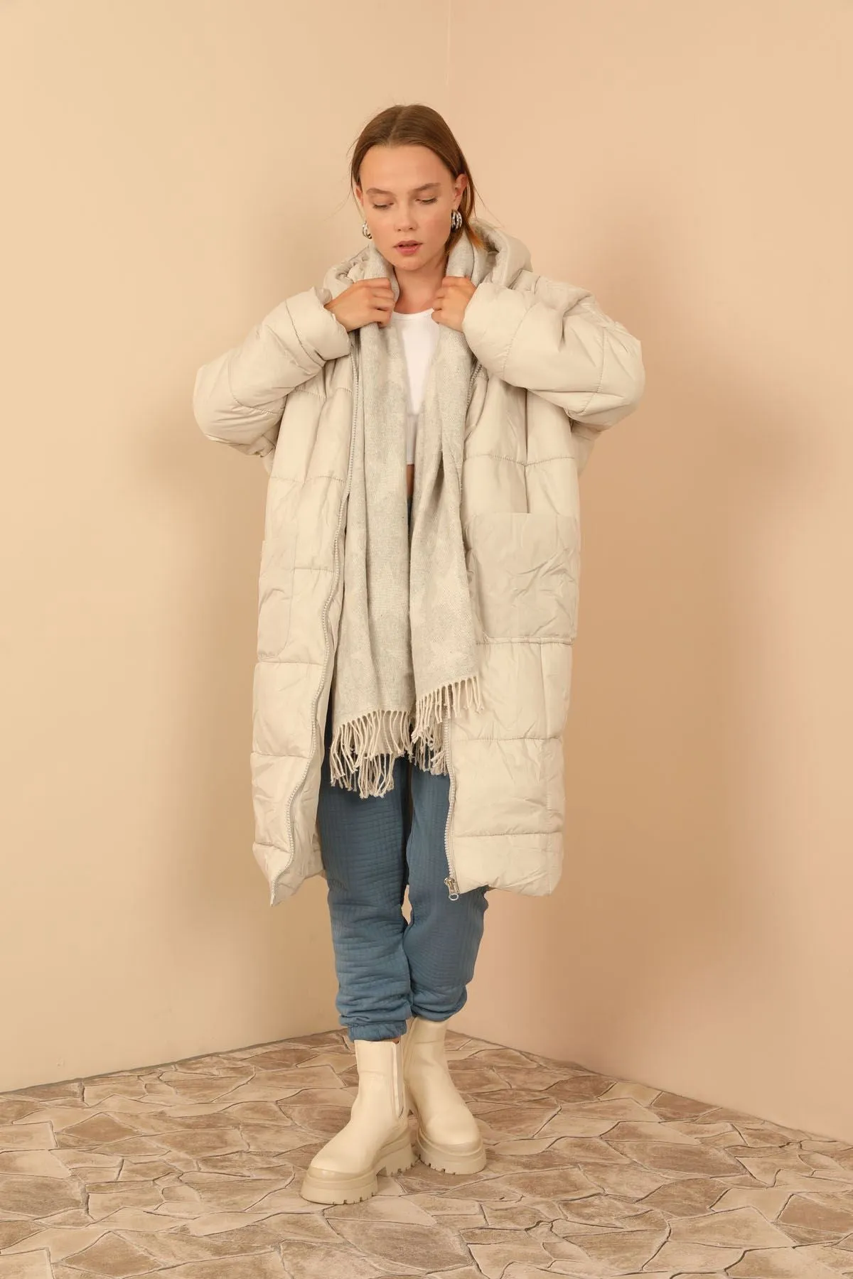 KKT Long Sleeve Oversize Women Coat - Stone - Lemgo