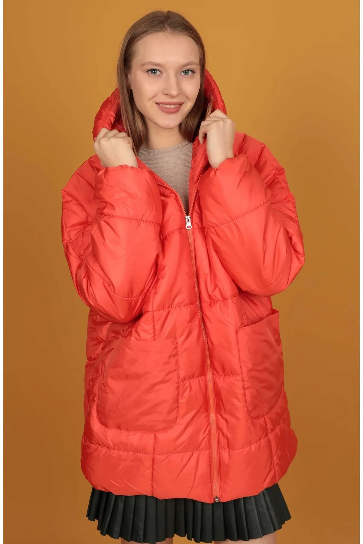 KKT Quilted Fabric Oversize Women's Coat-Orange - Bethesda