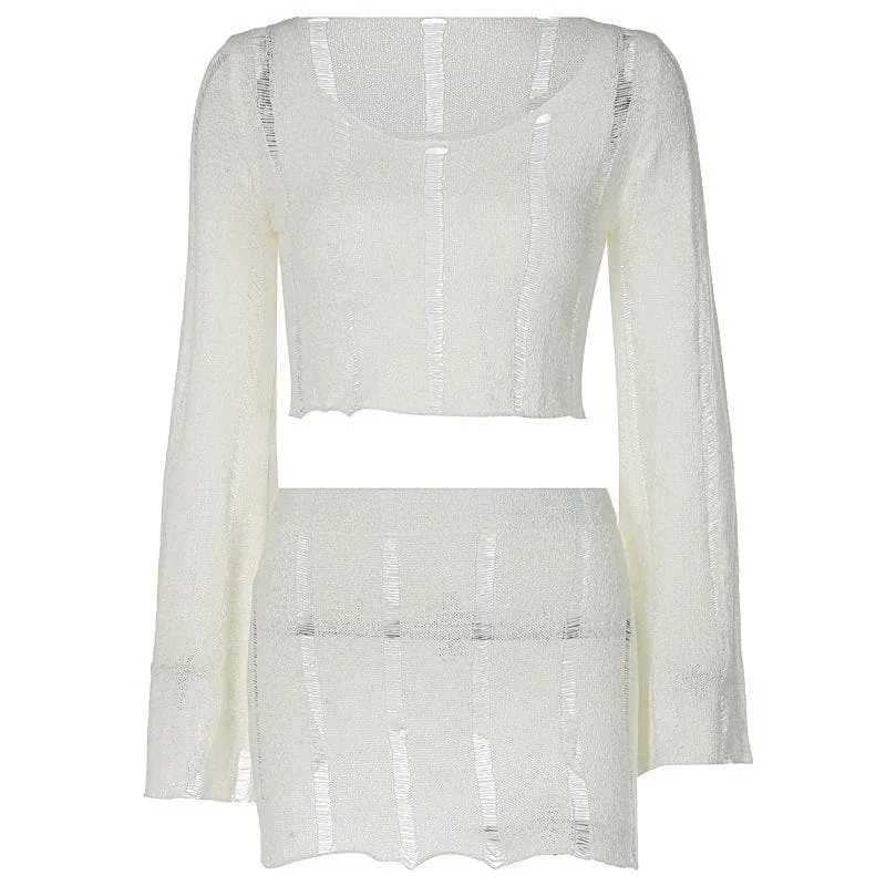Knitted hollow out solid flared sleeve low cut mini skirt set