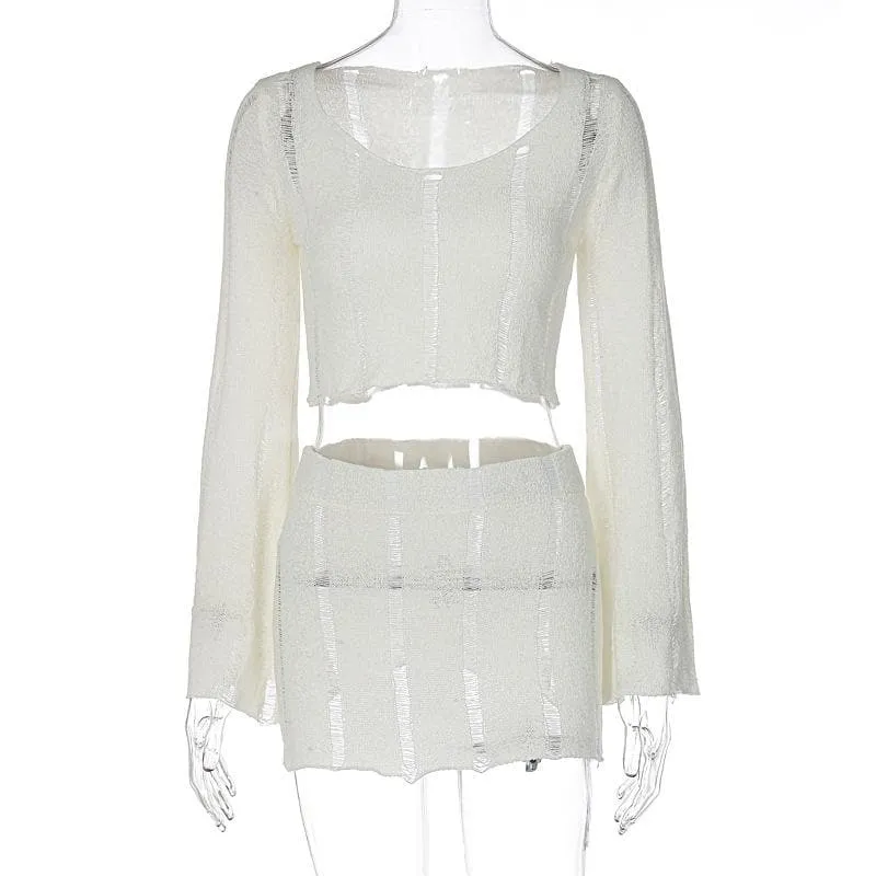 Knitted hollow out solid flared sleeve low cut mini skirt set