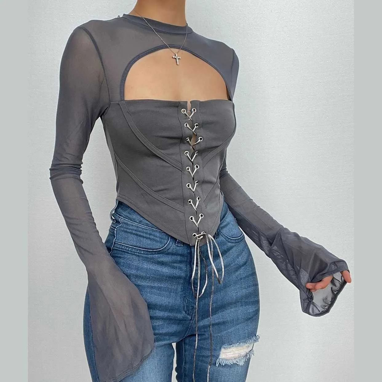 Lace up flared sleeve crewneck corset hollow out backless cut out top