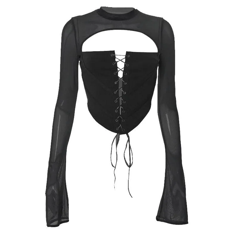 Lace up flared sleeve crewneck corset hollow out backless cut out top