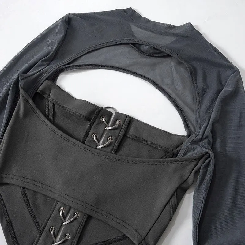 Lace up flared sleeve crewneck corset hollow out backless cut out top