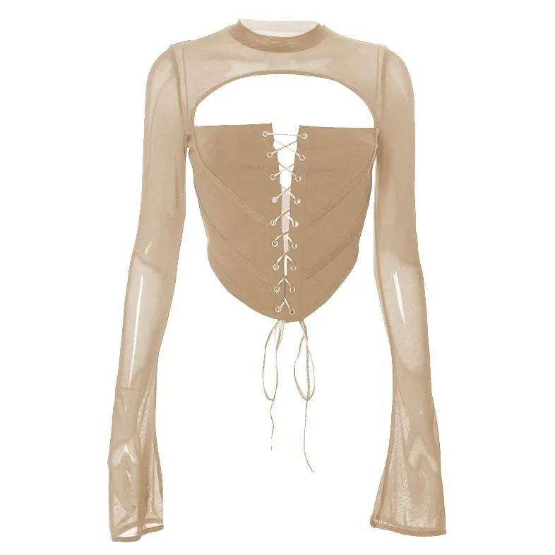 Lace up flared sleeve crewneck corset hollow out backless cut out top