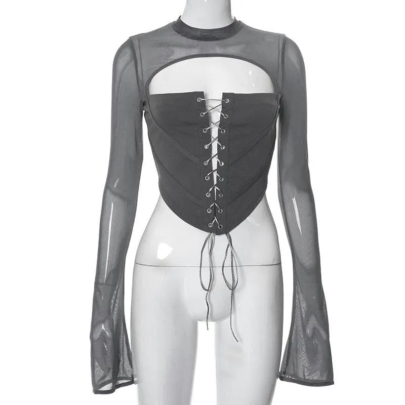 Lace up flared sleeve crewneck corset hollow out backless cut out top