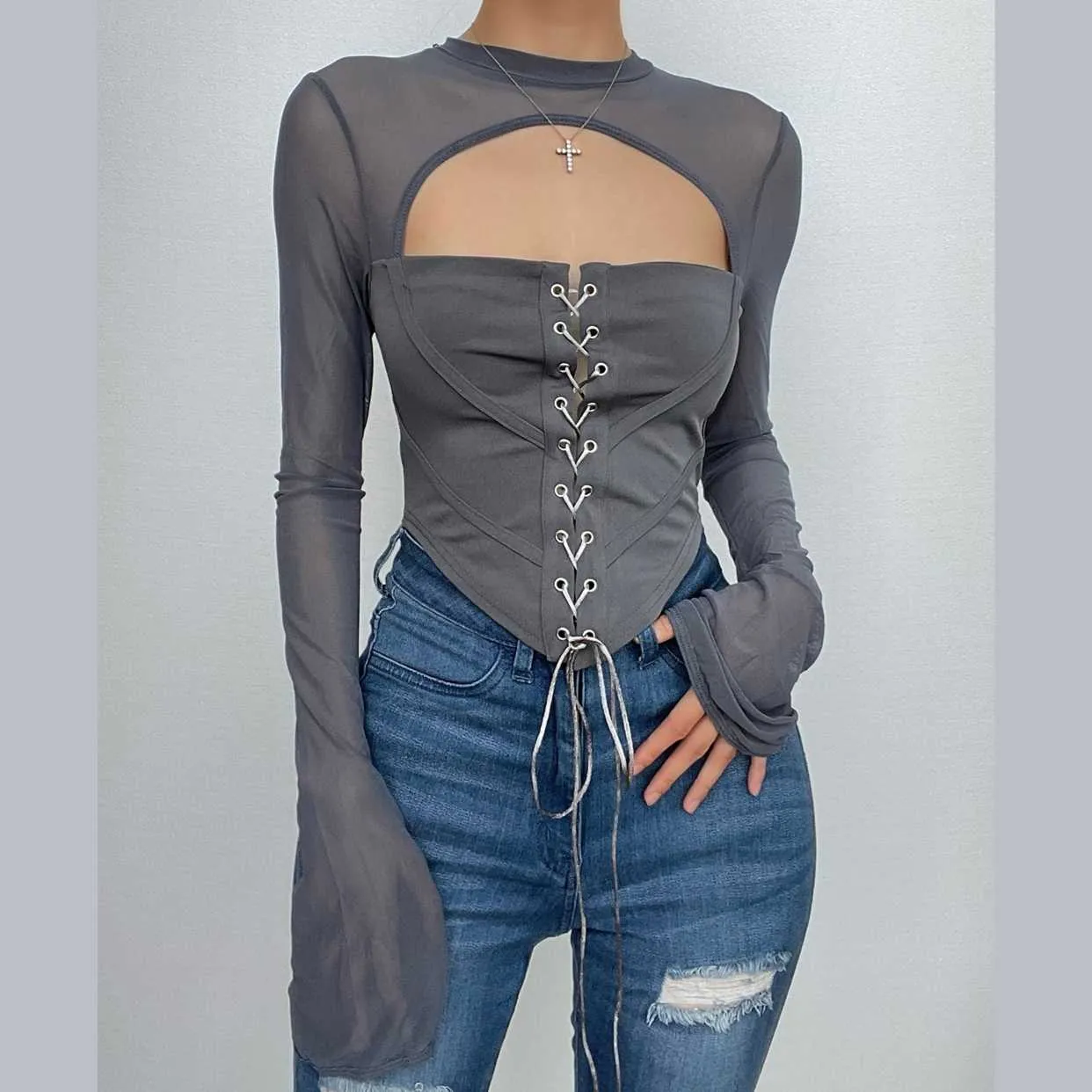 Lace up flared sleeve crewneck corset hollow out backless cut out top