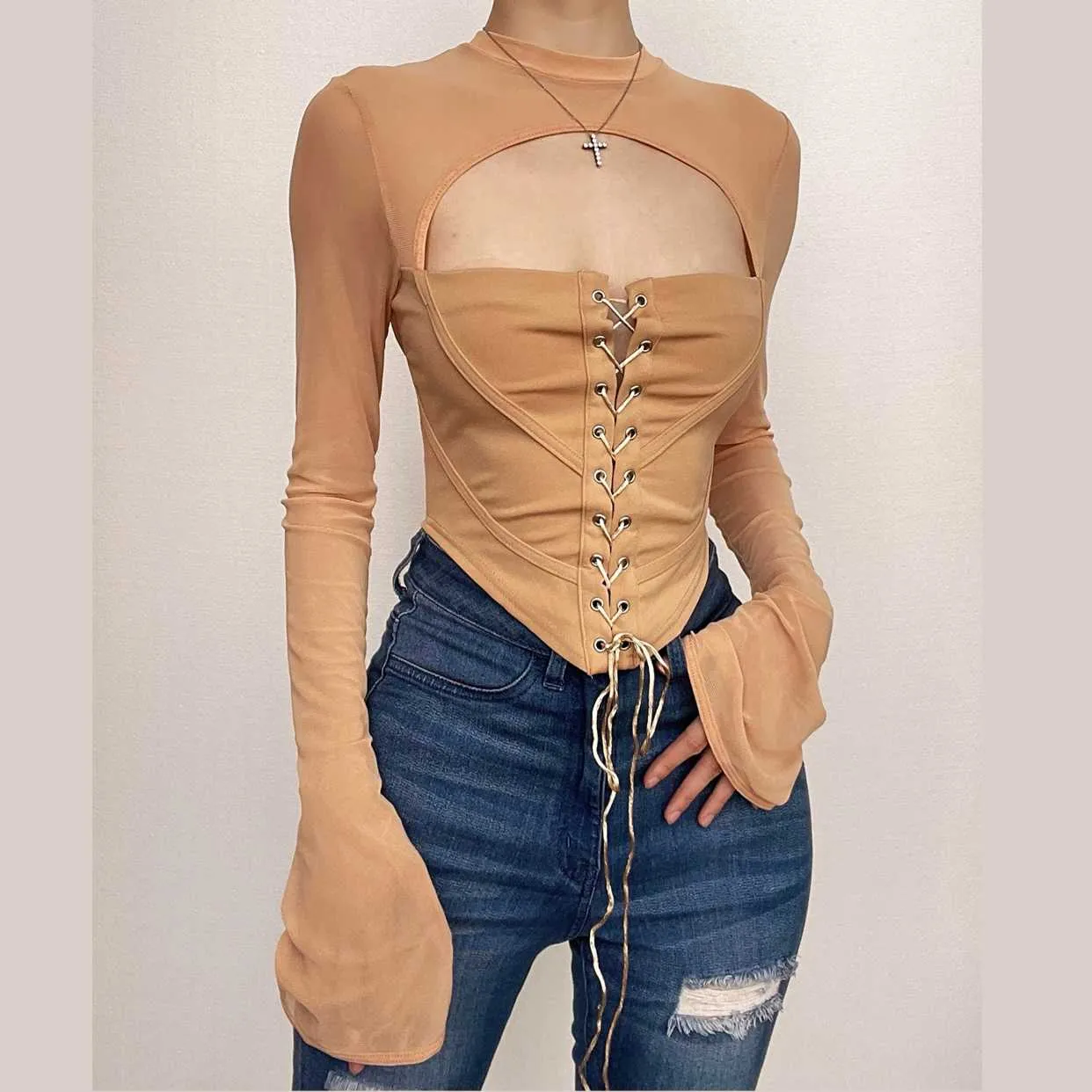 Lace up flared sleeve crewneck corset hollow out backless cut out top