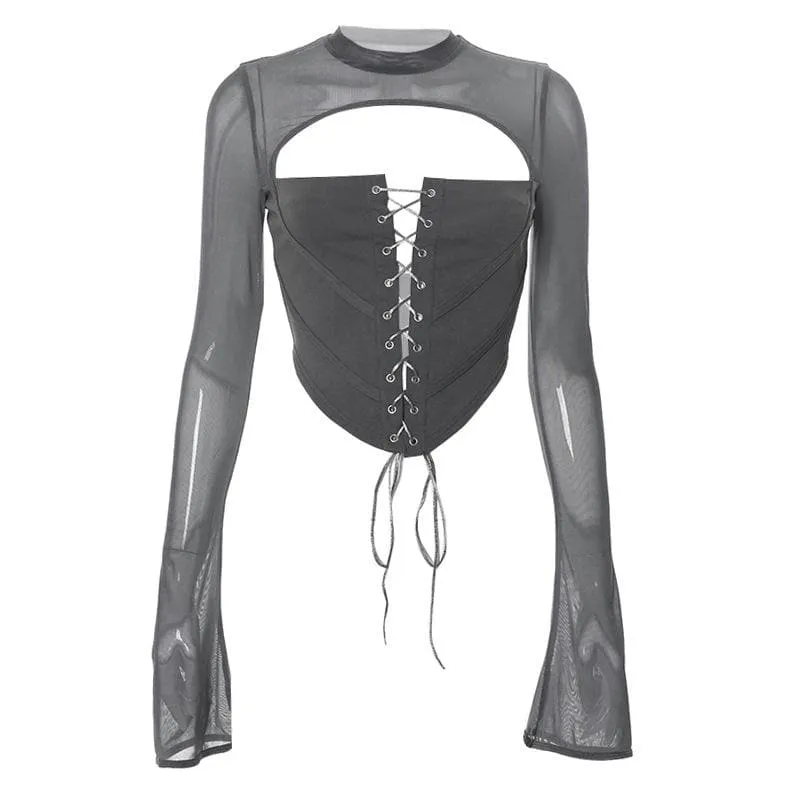 Lace up flared sleeve crewneck corset hollow out backless cut out top