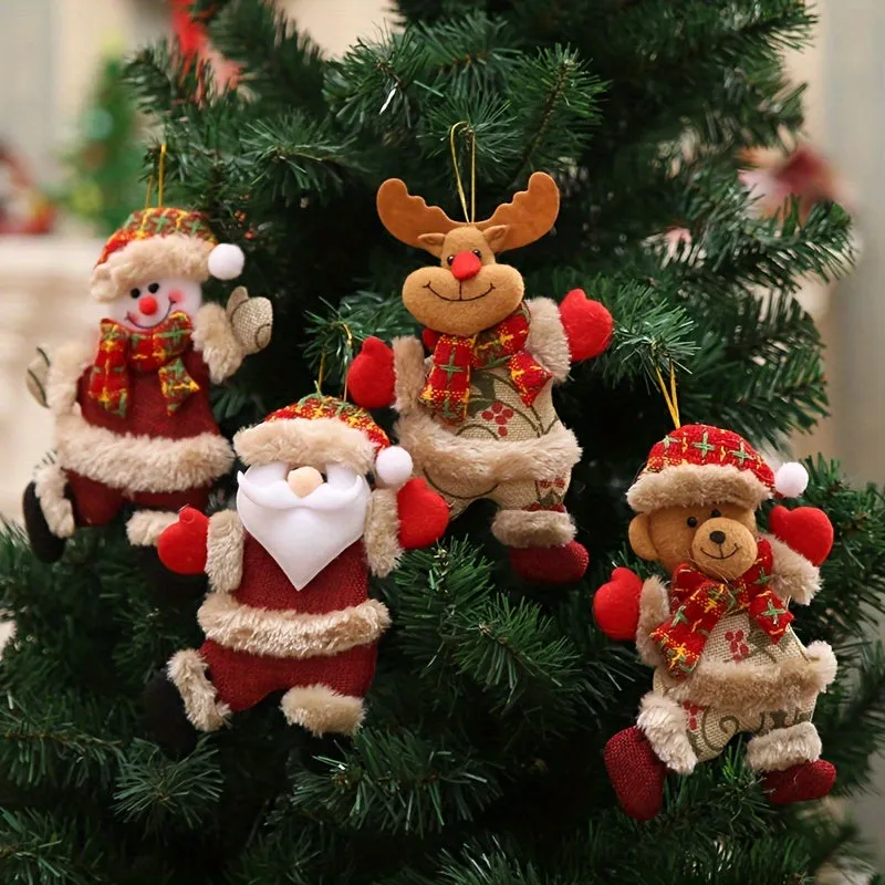 LattBy 4pcs Christmas Tree Ornaments Set - Dancing Santa, Reindeer, Snowman & Bear | Hangable Fabric Decor for Home & Office | Perfect for Holiday Vacation House