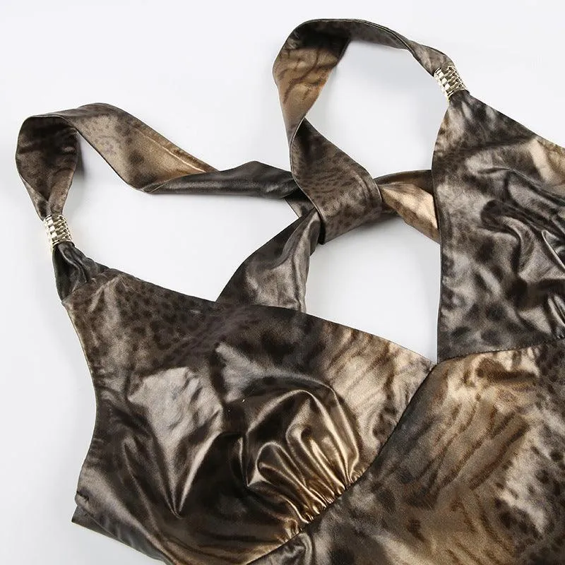 Leopard Print Deep V-Neck Crossover Cami Top