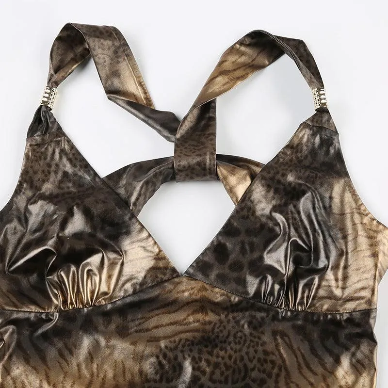 Leopard Print Deep V-Neck Crossover Cami Top