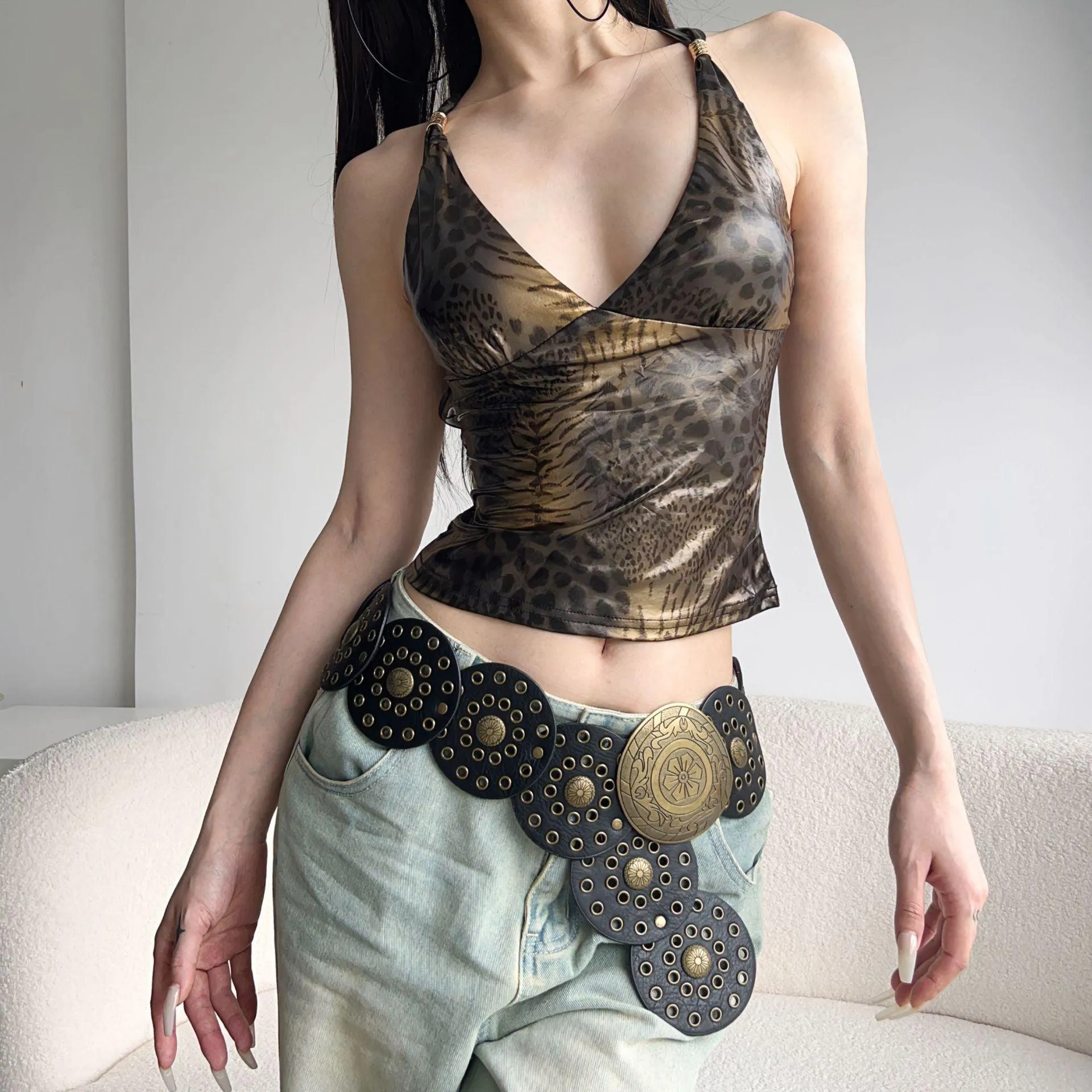 Leopard Print Deep V-Neck Crossover Cami Top