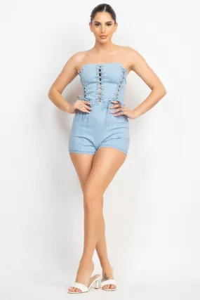 Light Denim Lace-up Detailed Tube Top Romper