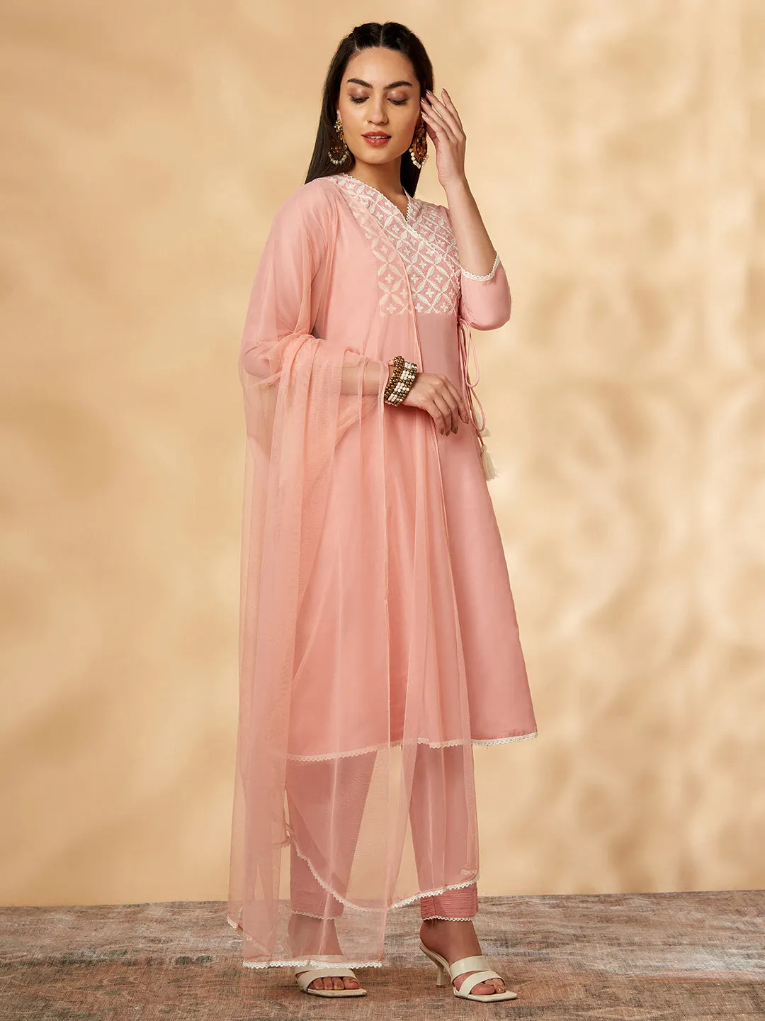 Light Pink Embellished A-Line Kurta Set