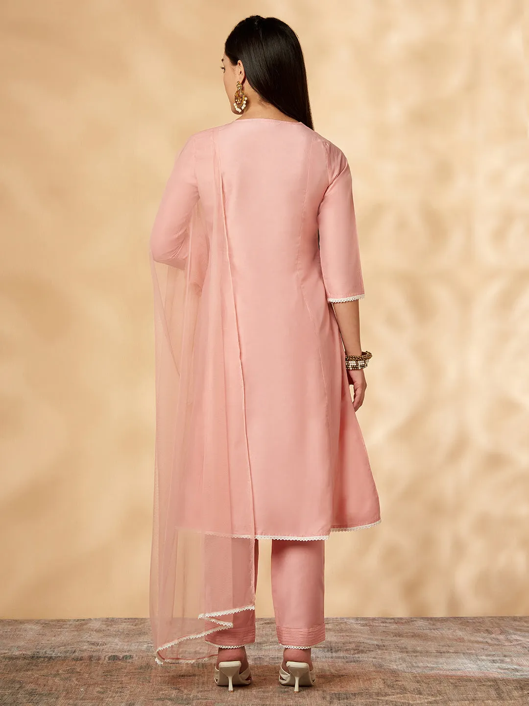 Light Pink Embellished A-Line Kurta Set