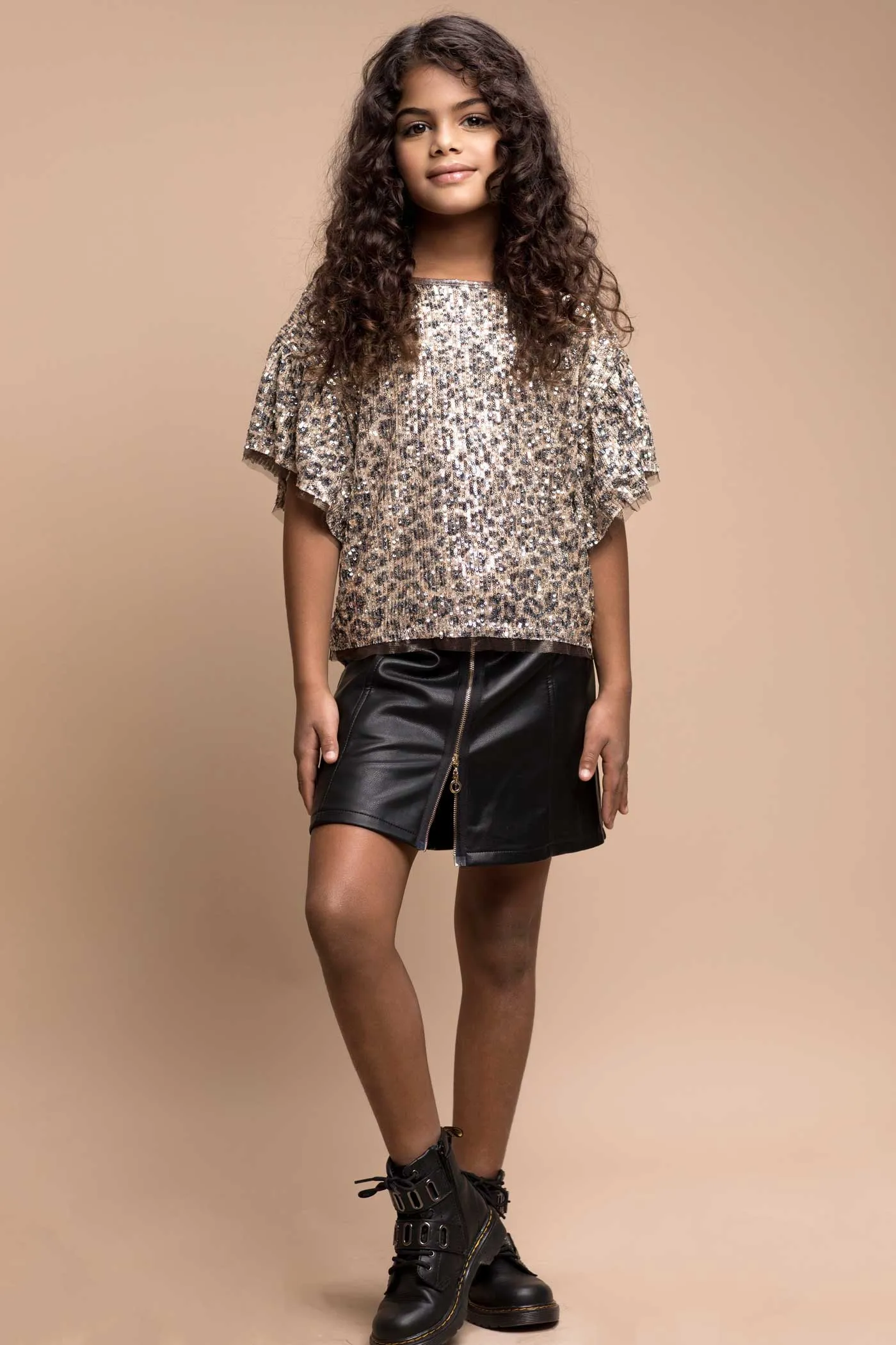 Little Girl's Leopard Print Ruffle Sequin Top