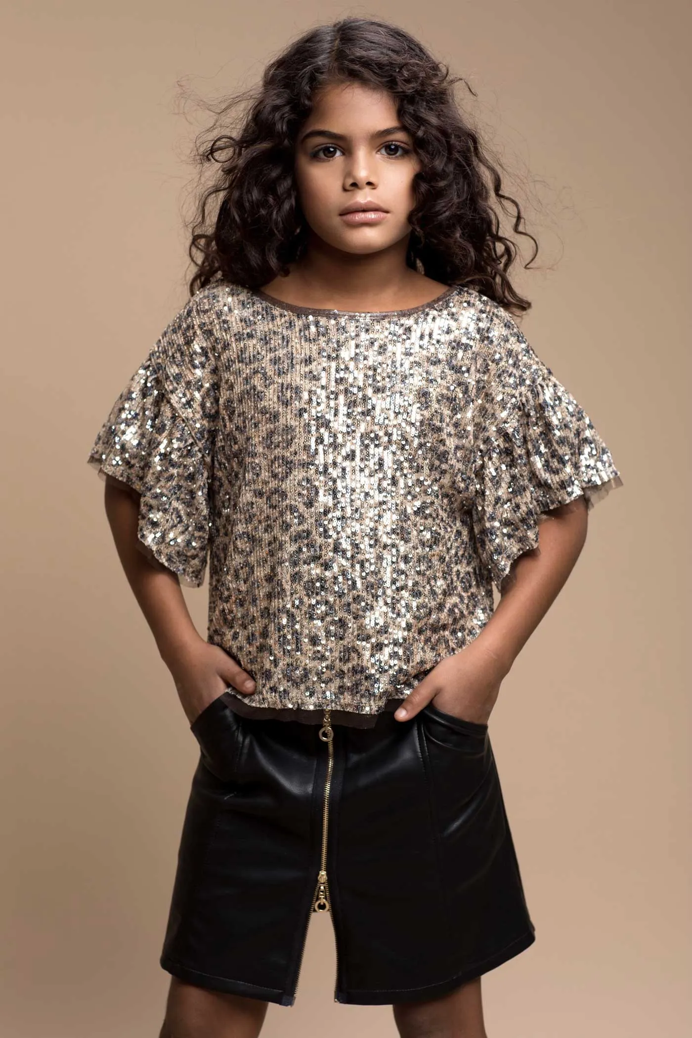 Little Girl's Leopard Print Ruffle Sequin Top