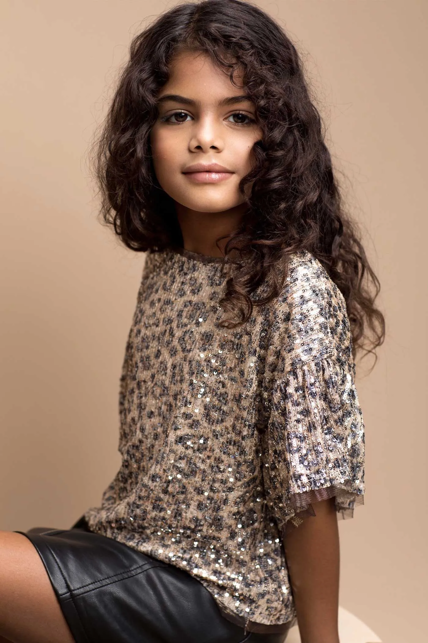 Little Girl's Leopard Print Ruffle Sequin Top