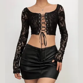 Long flared sleeve lace see through lace up square neck crop top