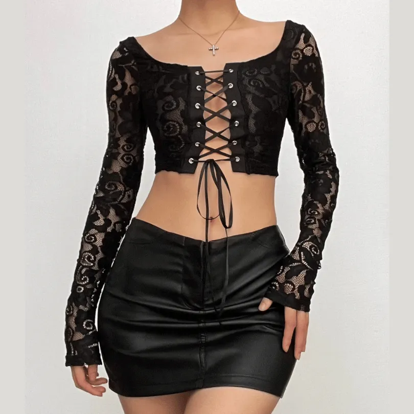 Long flared sleeve lace see through lace up square neck crop top