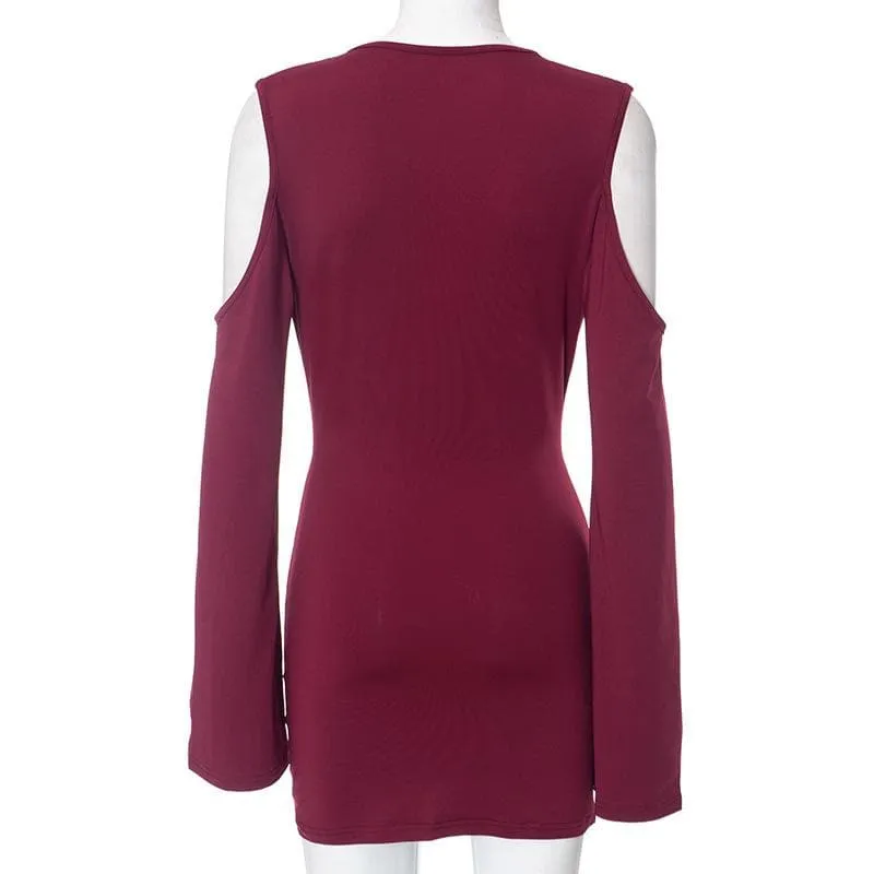 Long flared sleeve off shoulder cowl neck ruched solid mini dress