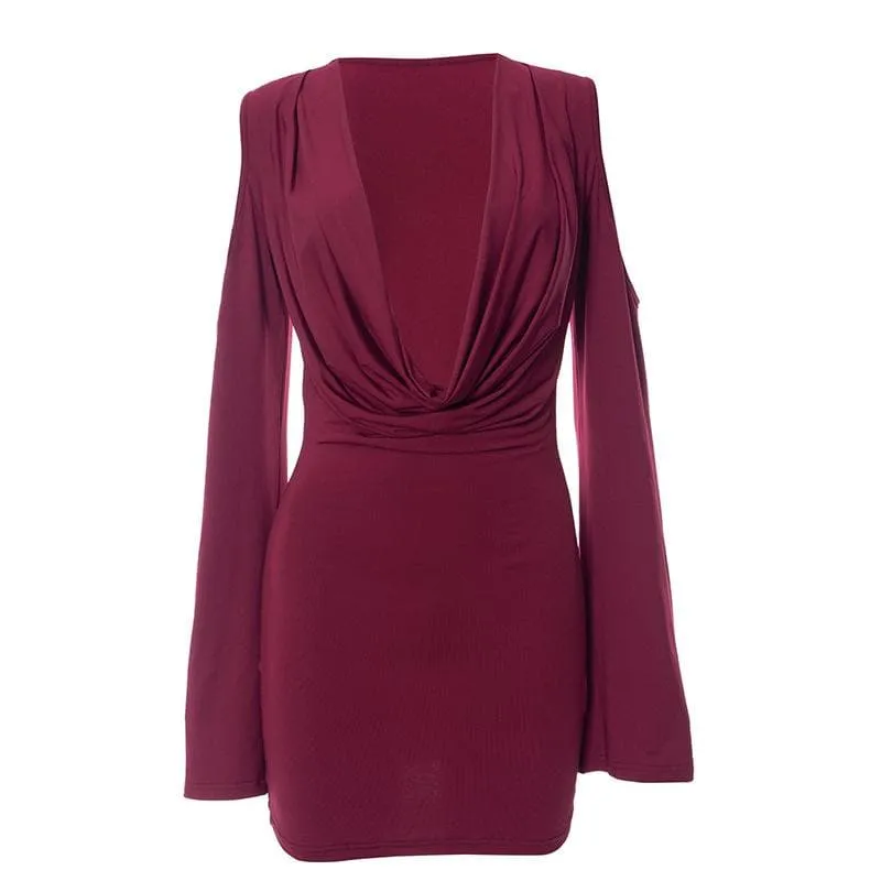 Long flared sleeve off shoulder cowl neck ruched solid mini dress