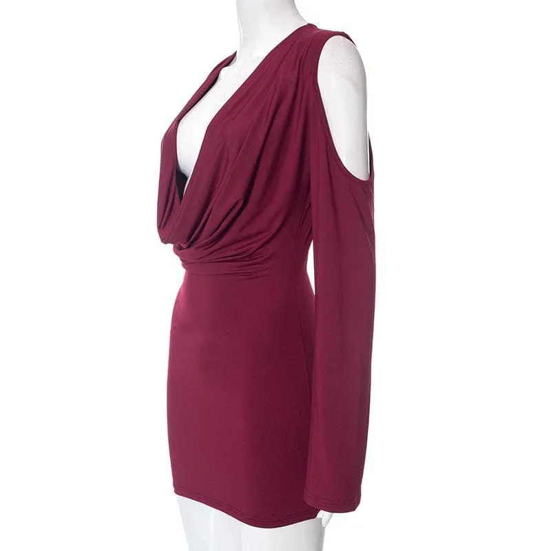 Long flared sleeve off shoulder cowl neck ruched solid mini dress